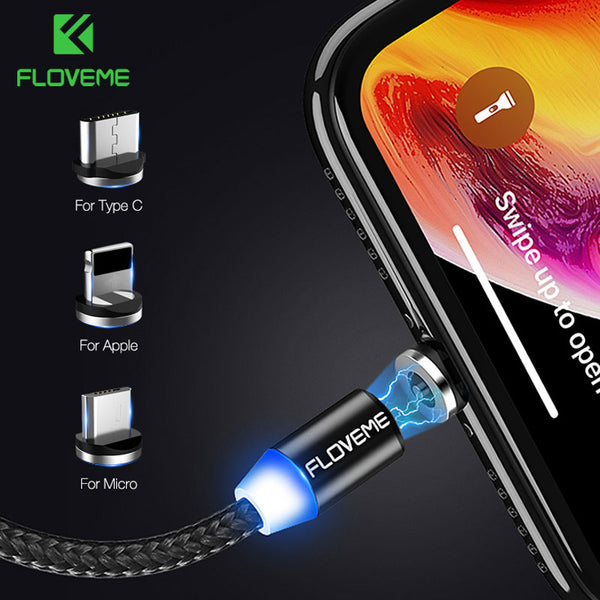 FLOVEME 1M Magnetic Charge Cable , Micro USB Cable For iPhone XR XS Max X Magnet Charger USB Type C Cable LED Charging Wire Cord