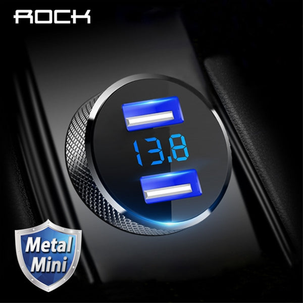 ROCK Metal Digital Display Dual USB Car Charger 3.4A For iPhone X 8 7 Xiaomi Samsung Fast Charging Voltage Monitoring Phone