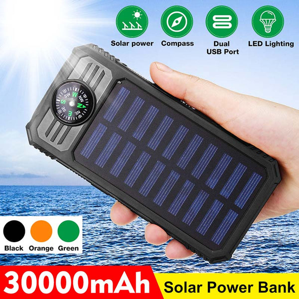 30000mAh Solar Power Bank Waterproof LED Light Compasses Solar Charger Dual USB Ports External Charger Powerbank for Smartphone